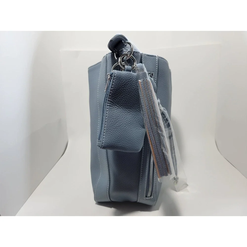 Julia Buxton Blue Vegan Leather Hobo Bag 165B07 Tassel Crossbody Strap New